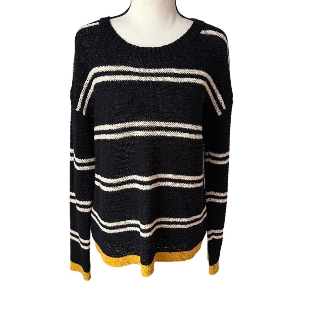 3/$20 💥 Artisan Ny Black Lightweight Crochet Knit Sweater Classic Preppy Stripe